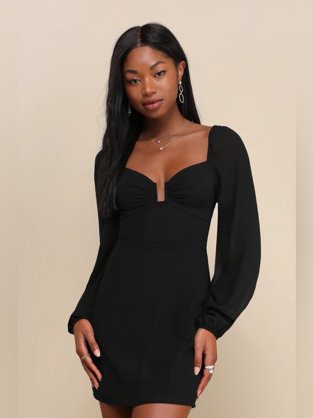 Lulus Black Chiffon Balloon Sleeve Mini Dress